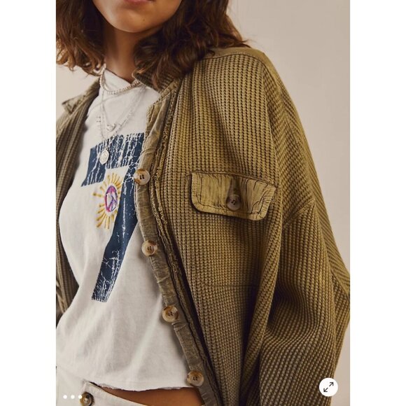 Free People FP One Scout Dip Dye Jacket Button-Front Olive Green 100% Cotton SzS - Picture 11 of 13